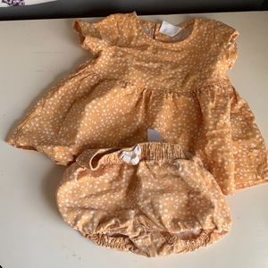 White Dotted Mustard Colored baby Dress 6 months